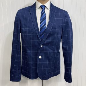 ZARA MAN Slim Fit Blazer Mens 44 Blue Plaid Sport Coat 2 Button Suit Jacket 44R